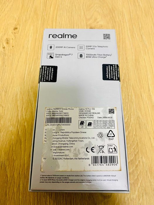 НОВ !!! Realme 16 Pro+, 512GB, 12GB RAM, 5G, Master Gold, ТЕХНОПОЛИС