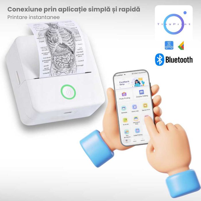 Imprimanta termica mini portabila Bluetooth 57mm, fara cerneala, imprimanta foto & etichete DIY pentru copii, aparat de buzunar cu aplicatie mobil