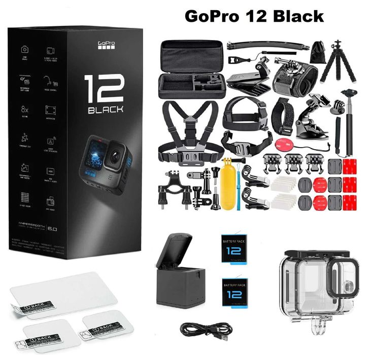 Комплект GoPro HERO 12 Black + Крепления + Батарейки и зарядка