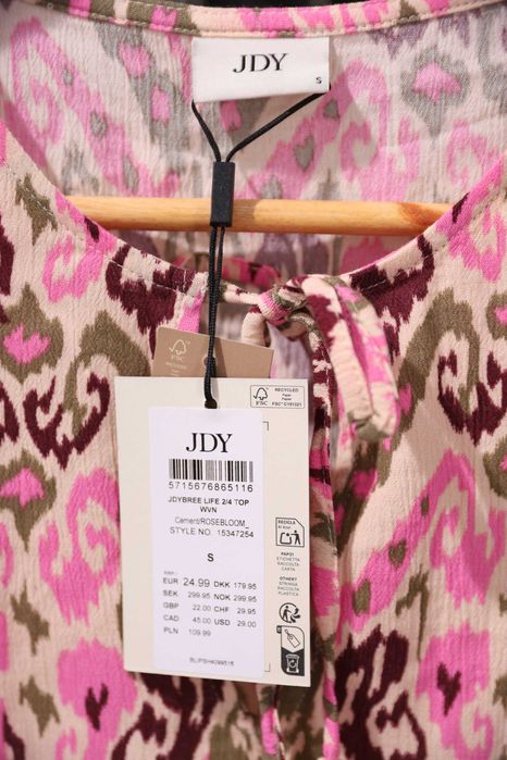 Top damă JDY Bree, print ikat roz/bej, ciucuri decolteu, mărime S, nou cu etichetă