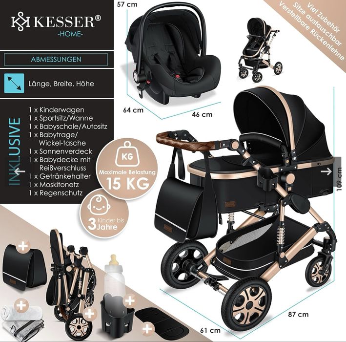 Пълен комплект комбинирана детска количка 3 в 1 Kesser®