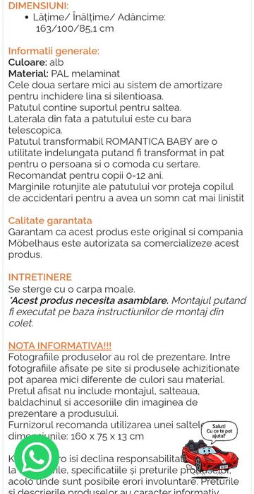 Vând pătuț bebe transformabil 75x165cm