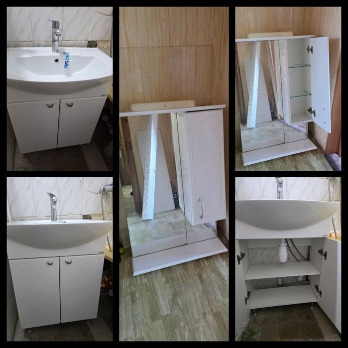 раковину и полочку с зеркалом