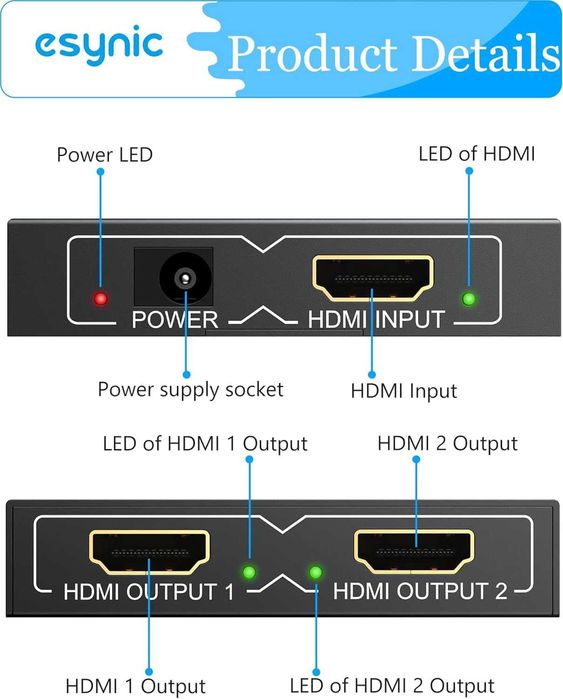 eSynic 4K/30HZ HDMI сплитер 2-посочен HDMI 1 вход 2 изхода HDMI