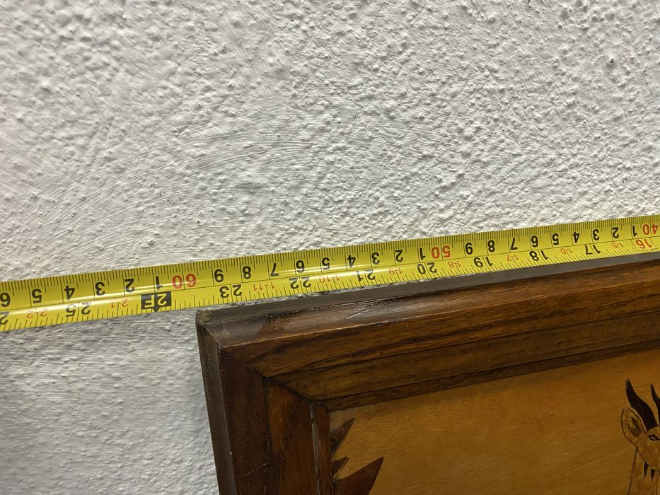 Винтидж дървена маркетерия картина елени Западна Европа 1950-те