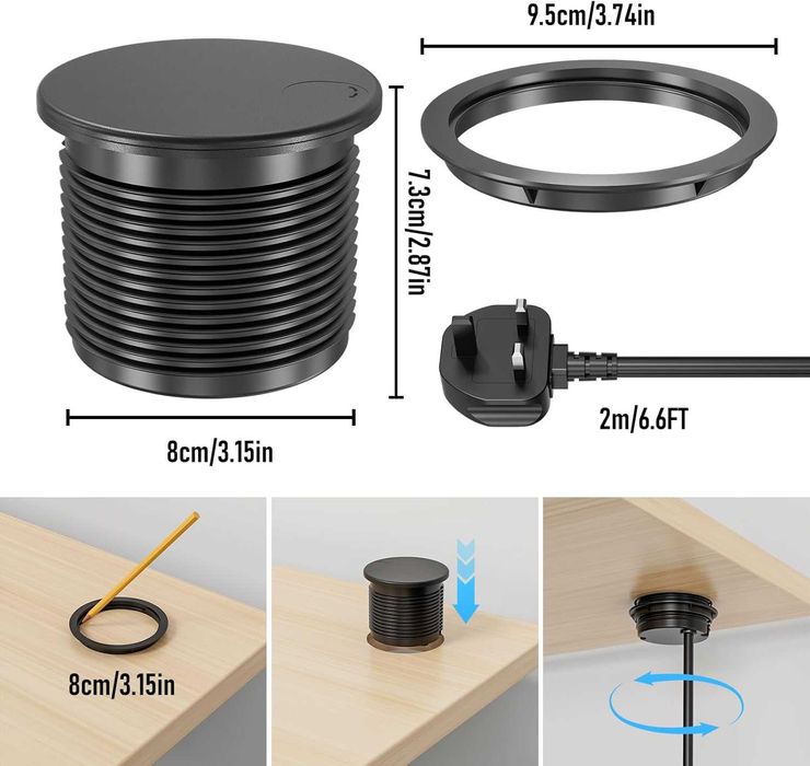 Вграден настолен контакт с капак, USB-C PD 20W,USB-A и USB-C,2 м кабел