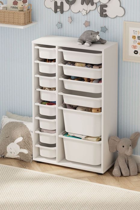 Органайзер за играчки с 14 кошници, Бял