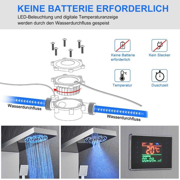Panou de dus LED fara baterii, 5 in 1, cu afisaj pentru temperatura