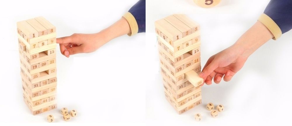 Дървена Дженга Кула с 4 зара и 54 блокчета JENGA / дървен строител