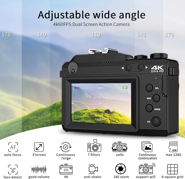 Цифрова фотокамера TEKXDD, 4K Vlog камера+ 64 GB SD карта