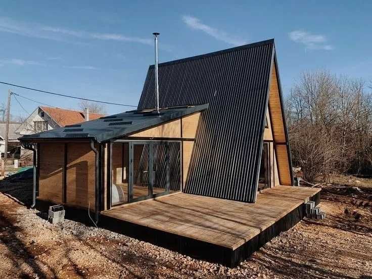 Vand casa modulara tip A frame pe structura metalica sau lemn 8x8m