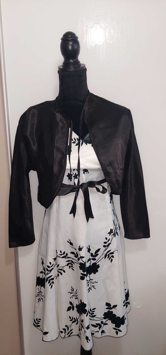 Rochie casual elegant satinata alb/negru cu bolero babydoll