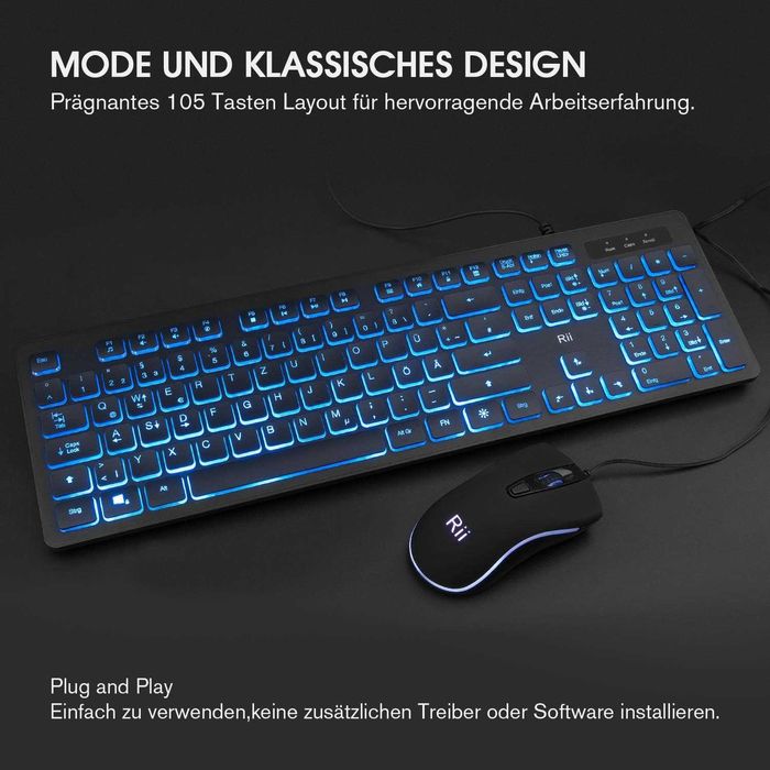 Set tastatură și mouse pentru gaming Rii cu cablu, iluminare cu 3 LED