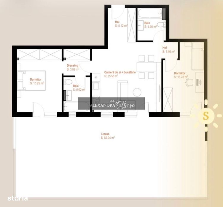 Apartament 3 camere, 2 bai, 75 mp, terasa 82 mp, garaj