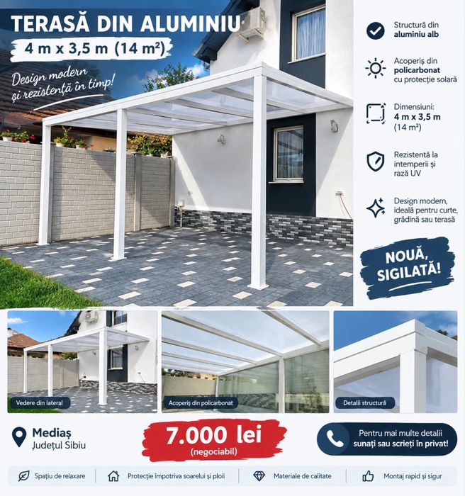 Vand o terasa din aluminiu 4x3,5 cu acoperisi din policarbonat cu protectie solara