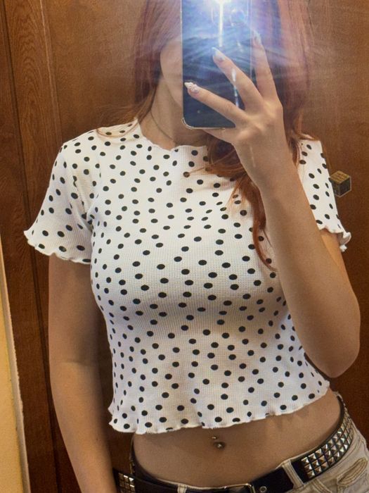 блуза с къс ръкав, бяла на точки, М