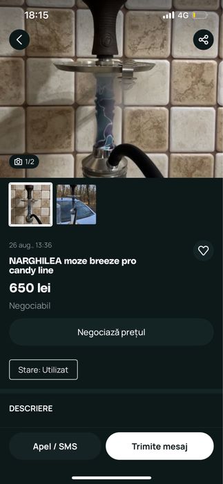 narghilea Moze Breez Two Wavy Blue, într-o stare foarte bună.
