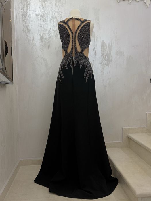 Луксозна черна рокля с камъни и цепка официална бална S M  L