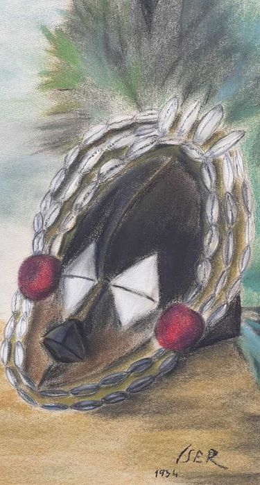 Tablou vechi - natura statica cu masca - semnat Iser 1934