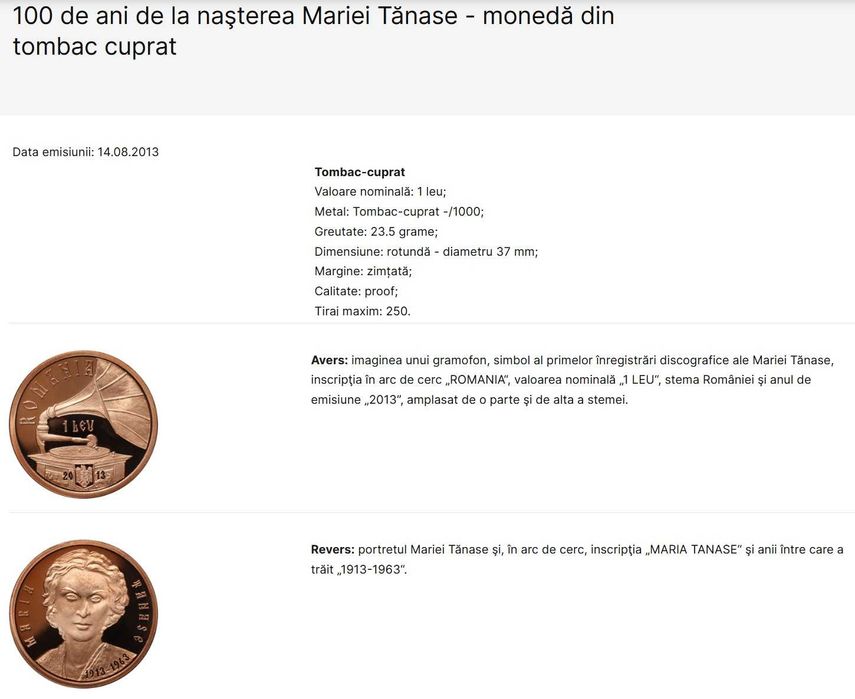 Moneda BNR 1 Leu tombac Maria Tanase gradata NGC PF 69 UC