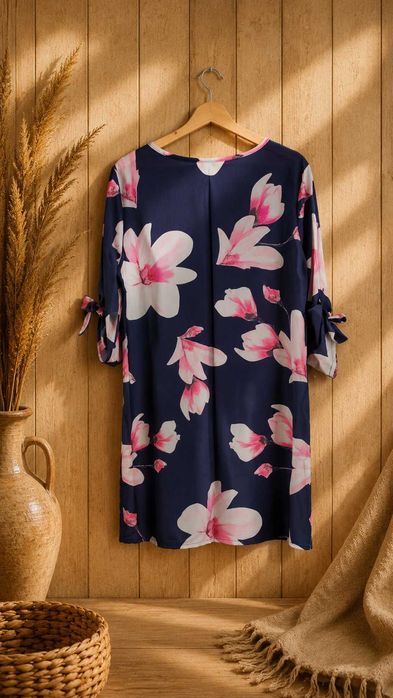 Rochie bleumarin cu imprimeu floral roz si maneci cu funda