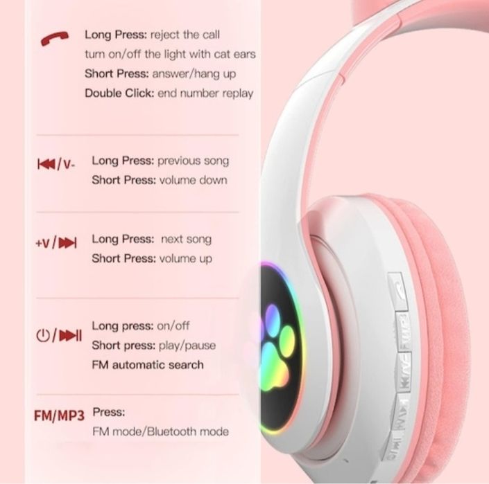 Безжични слушалки с котешки уши  Bluetooth  RGB светлини  шумопотискане микрофон бас VALA STN-28 розови