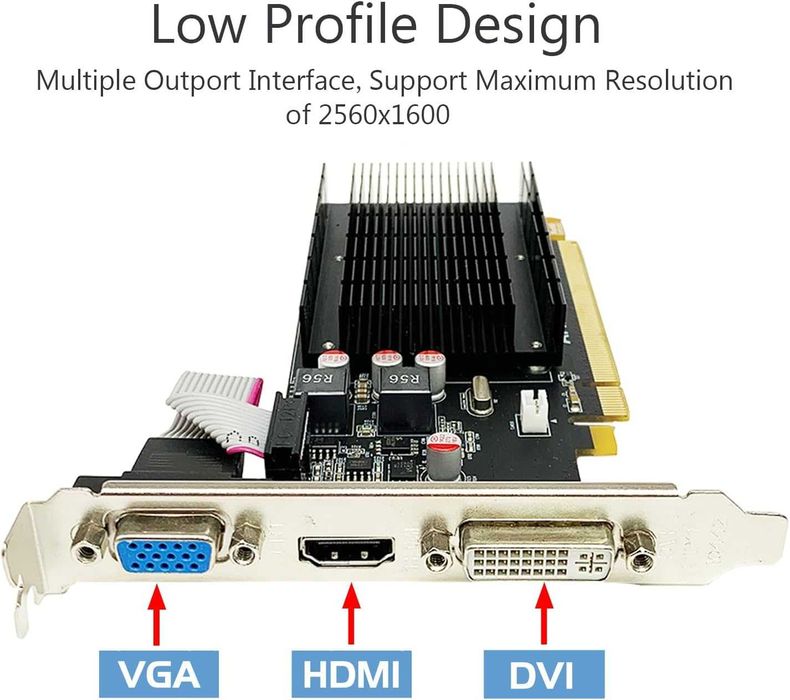 Placa Video QTHREE AMD Radeon HD 5450 2GB GDDR3 64-Bit Low Profile HDMI DVI VGA Racire Pasiva Silentioasa 0dB Low Power Desktop PC SFF 2 Monitoare