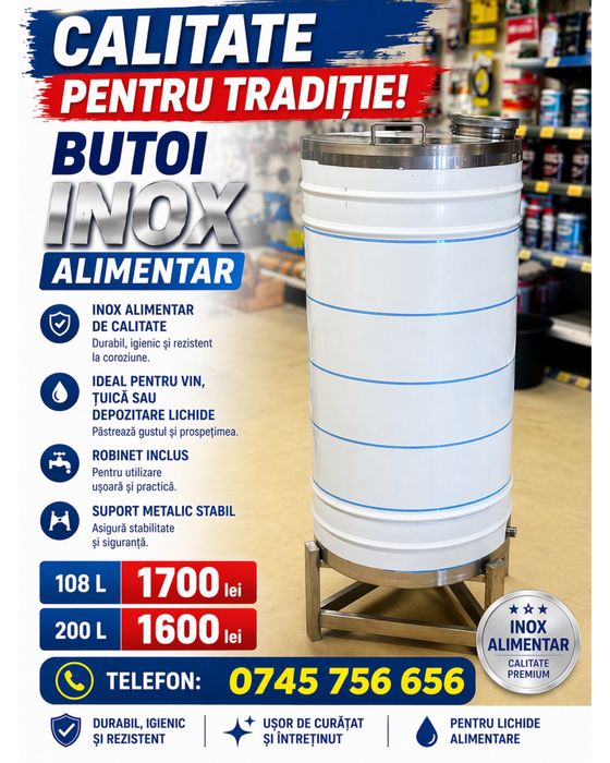 Butoi Inox Alimentar Premium – Ideal pentru Vin, Țuică, Depozitare (108L / 200L)