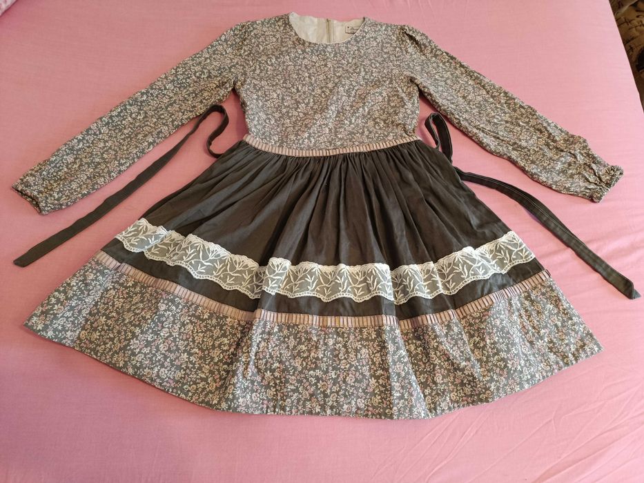 Rochie fete 7-8 ani maneca lunga bumbac gri cu roz floral