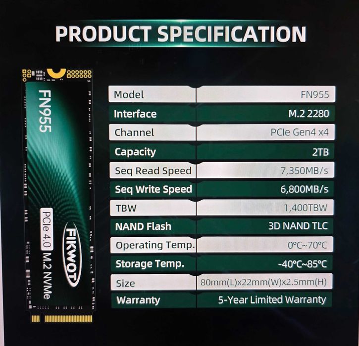 M.2 NVMe Fikwot FN955 M.2 2280 SSD PCIe Gen4 x4,  7300MB/s și 6300MB/s