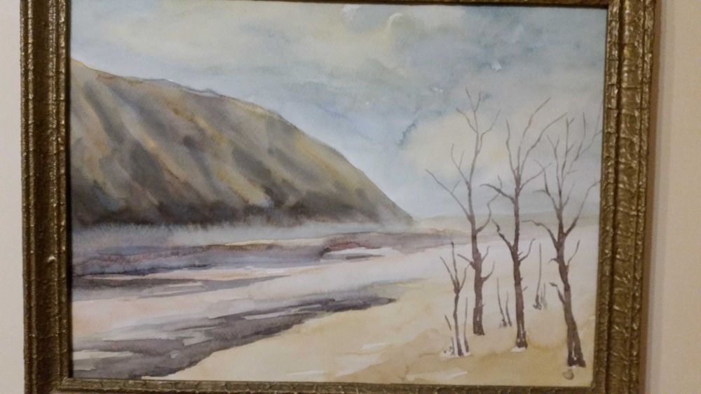 Красив пейзаж, рисуван с акварел. Голям! 44 на 33 см. В златна рамка.