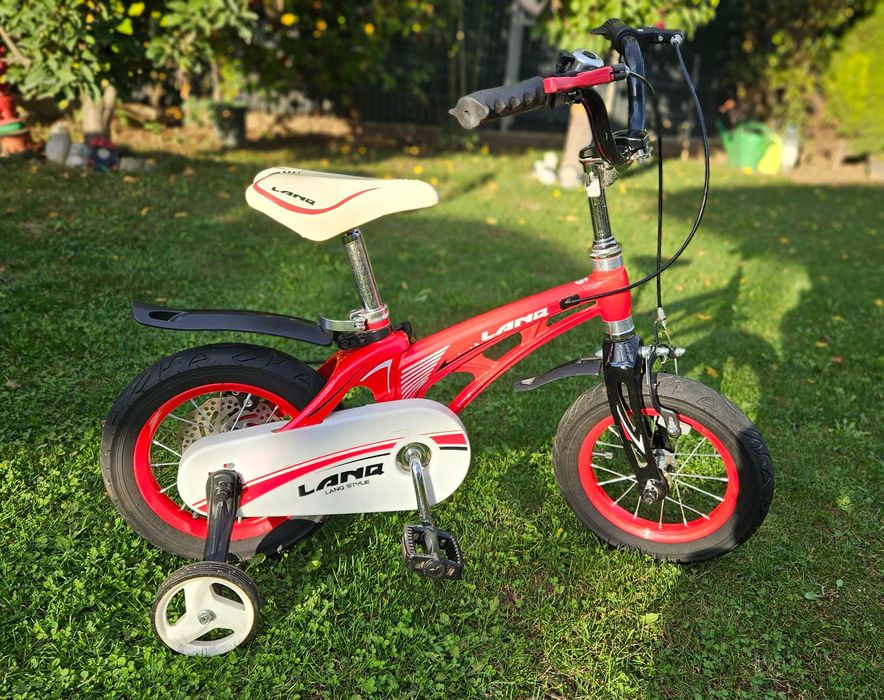 Bicicleta 12" copii LANQ W1256D aliaj magneziu frana spate disc. Stare EXCELENTA roti ajutatoare