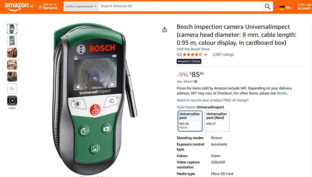 Cameră inspecție Bosch UniversalInspect (diametru cameră: 8 mm)