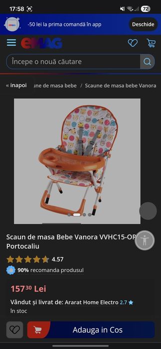 Scaun de masa Bebe Vanora VVHC15-ORG, Portocaliu