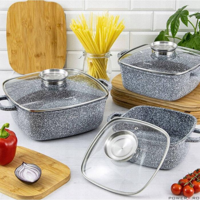 Oala cu capac patrata, din aluminiu acoperita cu marmura 28x28cm