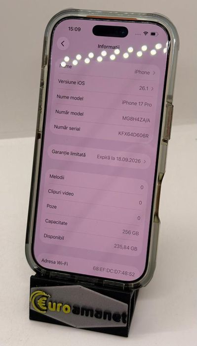 Telefon mobil Apple iPhone 17 Pro, 256GB, 5G, Cosmic Orange, 100% -A-