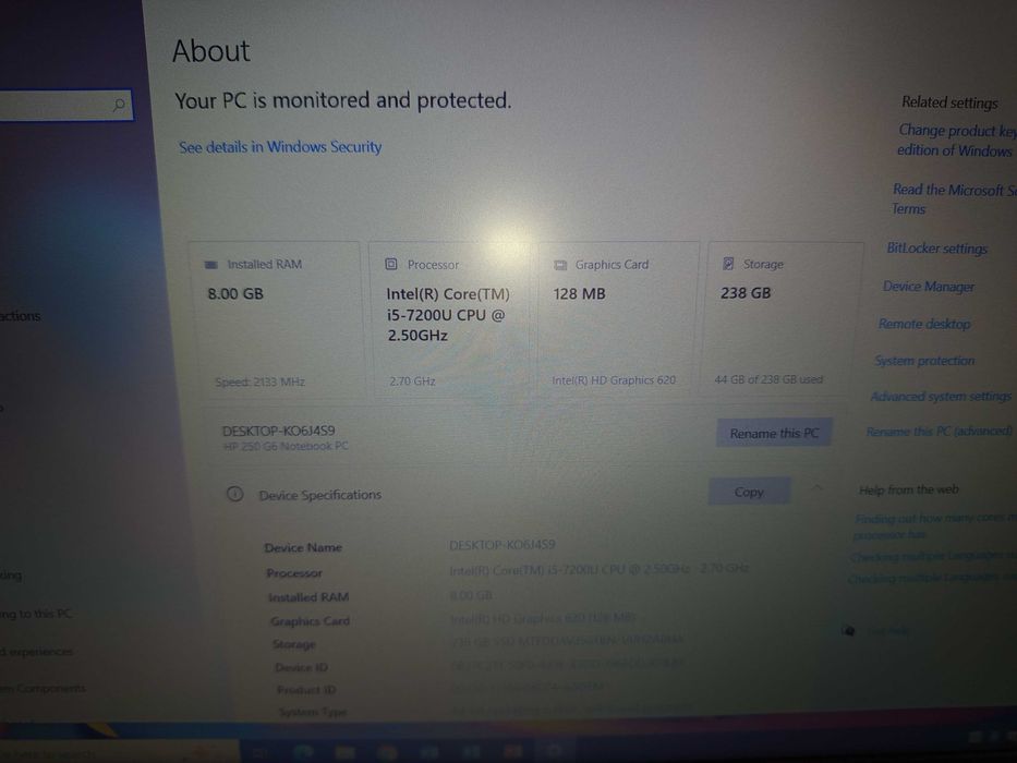 Laptop HP 250 G6 Intel i5-7200u 2,50Ghz | 8Gb RAM | 256Gb ssd m2