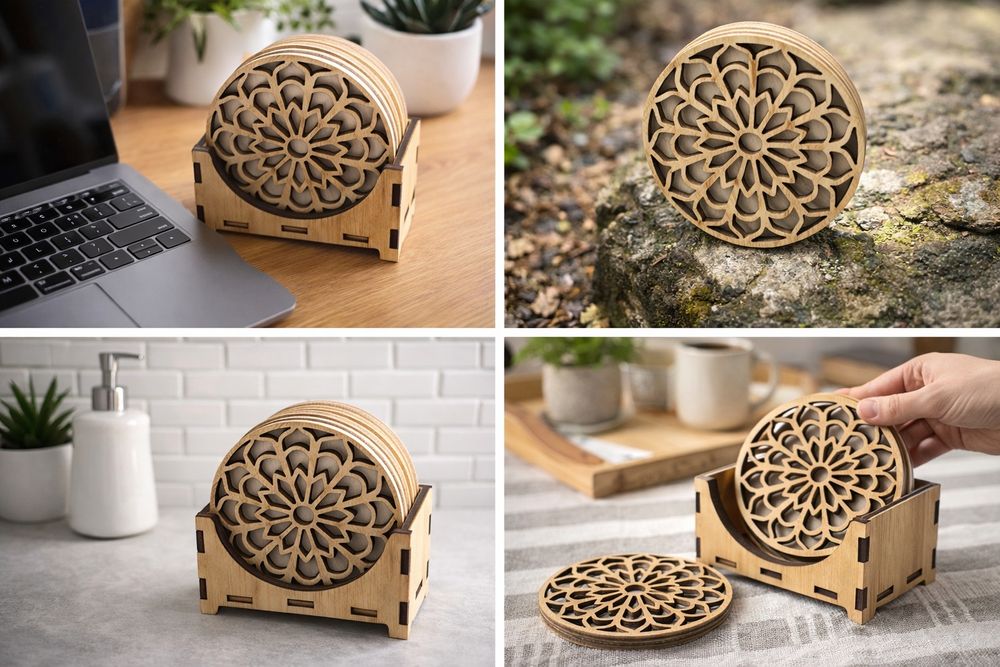 Set suporturi pahare din lemn – 6 bucăți + suport