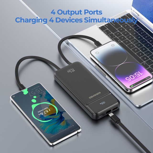 Външна батерия 10000 mAh с вградени 2 бр. USB-C кабела и 1xLightning