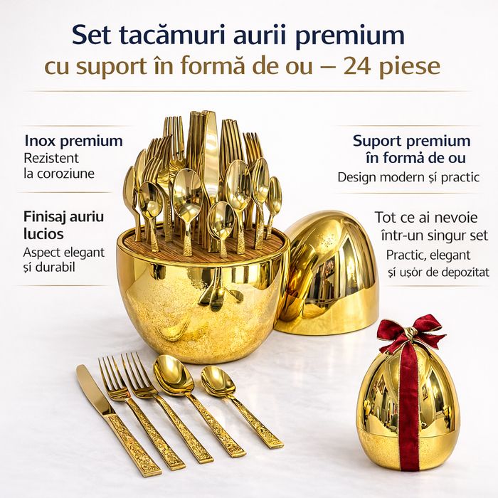 Set tacamuri aurii din inox premium, 24 piese, suport premium in forma de ou, finisaj lucios, model elegant