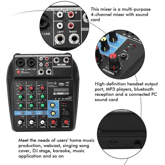 Смесителен пулт, 4 канален DJ Mixer с USB Player и Bluetooth,