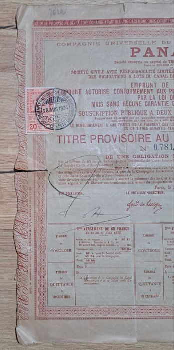 Obligațiune Istorică Canalul Panama (Anul 1888) – Piesă de Colecție / Scripofilie