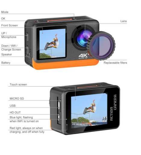 Ultra HD 4K 30FPS 16MP WiFi екшън камера Двоен екран 2.0 170  30M