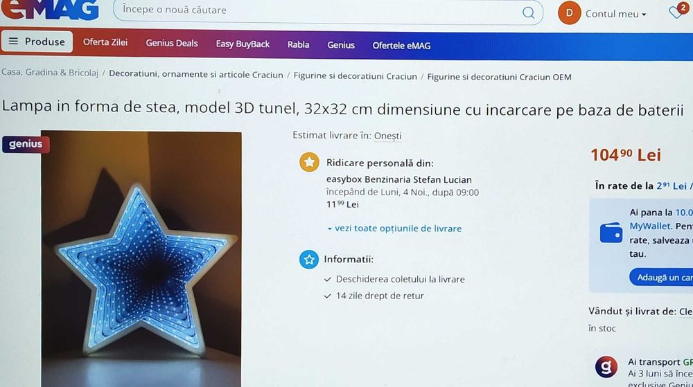 Stea LED infinity mirror +  felinar  LED din metal și sticlă .
