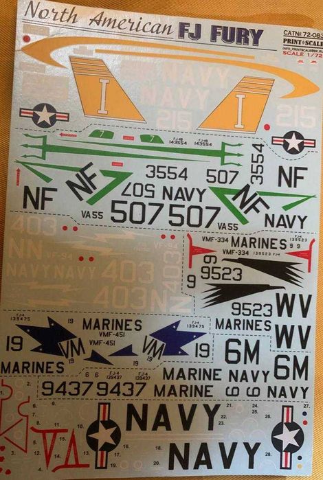 Декаль для сборной модели самолета FJ Fury (1/72, Print Scale)