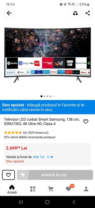 Televizor LED curbat Smart Samsung, 138 cm, 55RU7302, 4K Ultra HD,