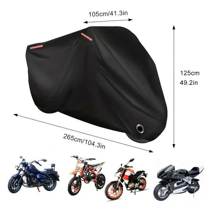Prelata husa Oxford neagra motocicleta scuter bicicleta L 220cmx95cmx110cm­ poliester elastic intins fata spate inchidere cu carabina pe spate