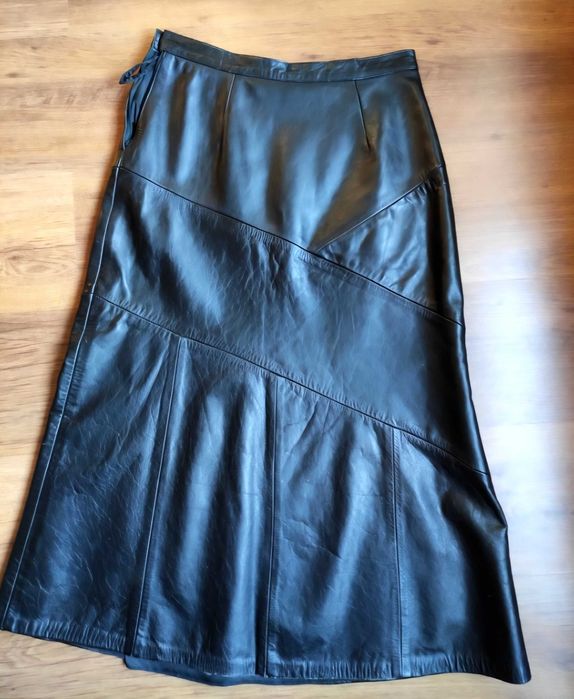 Дълга черна лъскава кожена пола от истинска естествена кожа, размер L