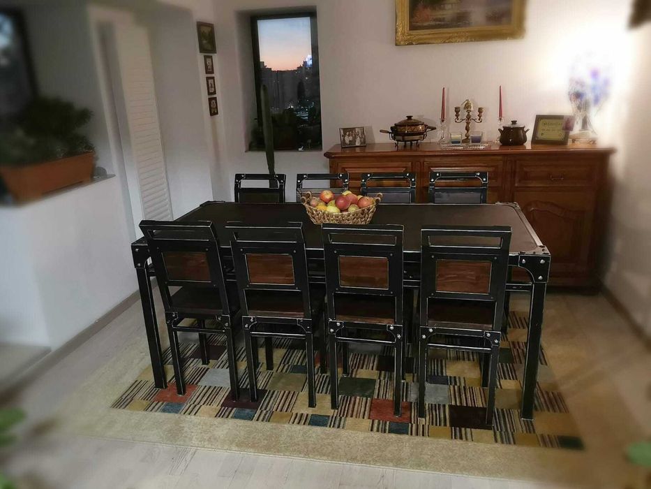 Masa 4/6/8 persoane, otel si lemn natural de nuc stil industrial