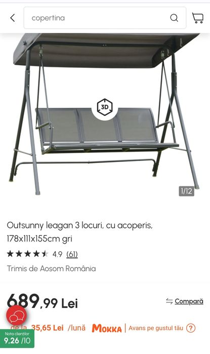 Balansoar Outsunny nou, 3 persoane